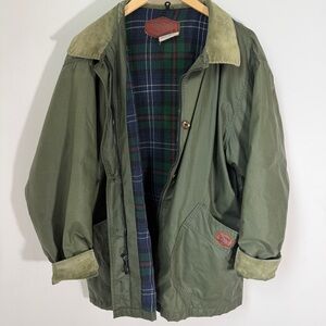 Vintage Woolrich Barn Chore Coat Women's L Green Plaid Lined Corduroy Collar
